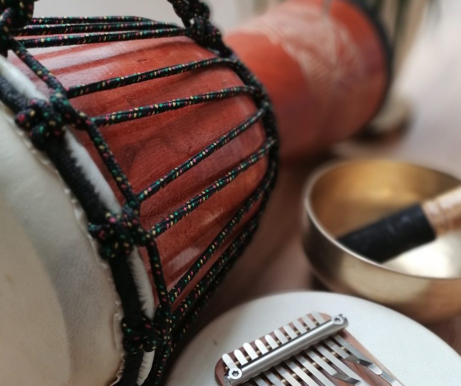 Djembe drum, singing bowl and kalimba