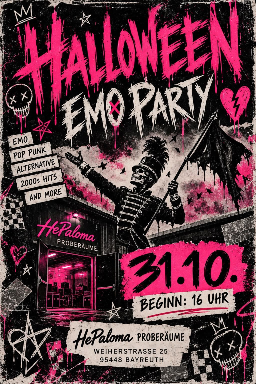 Flyer der Halloween Emo Party: Ein Skelett in Marschkapellen-Uniform schwenkt eine zerrissene Fahne, pinke Schrift auf Schwarz. 31.10., Beginn 16 Uhr, HePaloma Proberäume, Weiherstraße 25, 95448 Bayreuth. Emo, Pop Punk, Alternative, 2000s Hits and more.